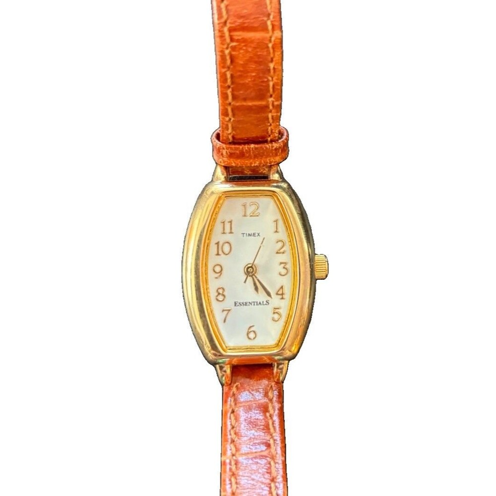 Timex Essentials Women’s Quartz Gold Tone Watch, leather strap, needs battery